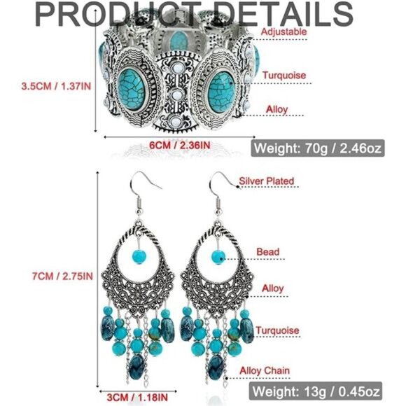 Bohemian Turquoise Necklace Earrings Bracelet Set-Western Jewelry set- - Picture 5 of 6